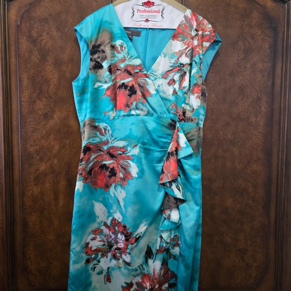 Donna Ricco New York Floral Wrap Dress Teal Red Sleeveless Size 14 Cocktail Offi